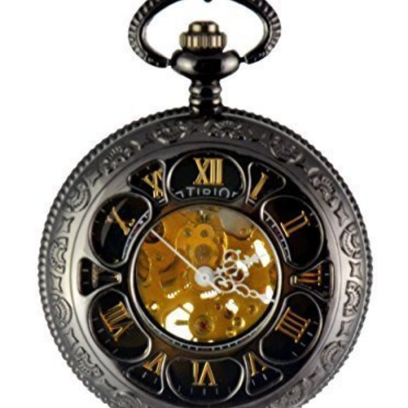 NIB - Tirio Antique Magic Roman Half Hunter Black Steel Hollow Skeleton … - Picture 1 of 7